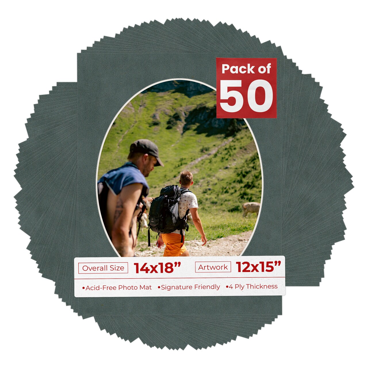 Dark Grey Suede Mat Board for 14x18 Frames - Oval Opening for 12x15 Photos